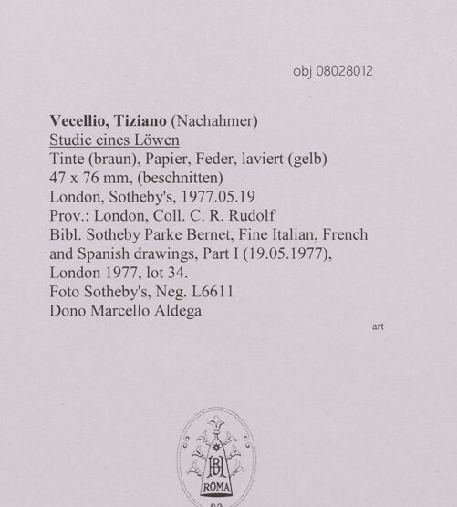 Rückseite von Sotheby's [https://www.deutsche-digitale-bibliothek.de/content/lizenzen/rv-ez/] Studie eines Löwen - , bh606977_recto. Foto.