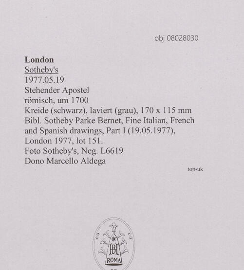 Rückseite von Sotheby's [https://www.deutsche-digitale-bibliothek.de/content/lizenzen/rv-ez/] Stehender Apostel - , bh606995_recto. Foto.
