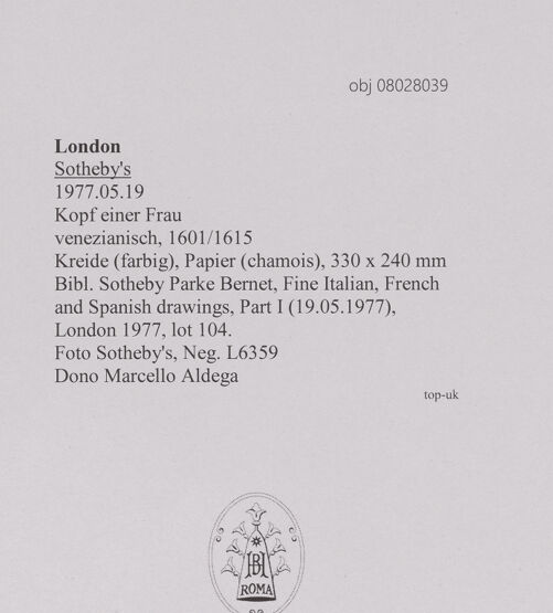 Rückseite von Sotheby's [https://www.deutsche-digitale-bibliothek.de/content/lizenzen/rv-ez/] Kopf einer Frau - , bh607004_recto. Foto.