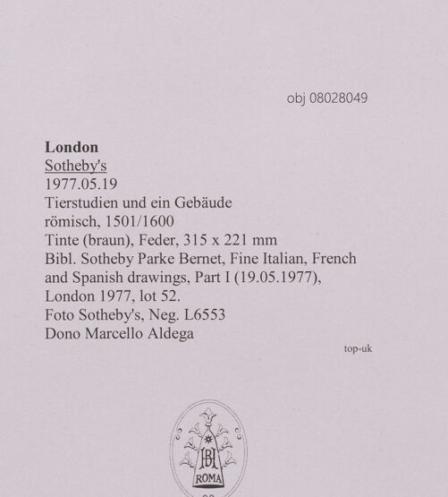 Rückseite von Sotheby's [https://www.deutsche-digitale-bibliothek.de/content/lizenzen/rv-ez/] Tierstudien und ein Gebäude - , bh607014_recto. Foto.