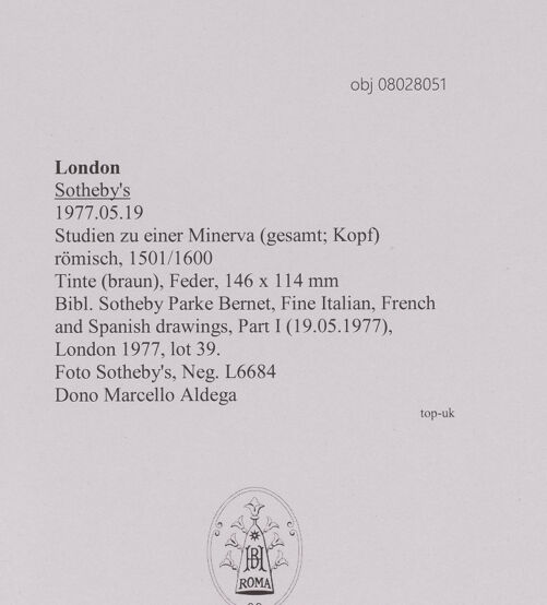 Rückseite von Sotheby's [https://www.deutsche-digitale-bibliothek.de/content/lizenzen/rv-ez/] Minervastudien (gesamt; Kopf) - , bh607016_recto. Foto.