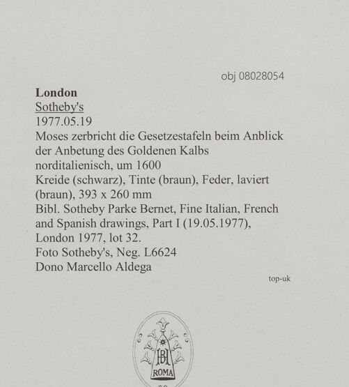 Rückseite von Sotheby's [https://www.deutsche-digitale-bibliothek.de/content/lizenzen/rv-ez/] Moses zerbricht die Gesetzestafeln beim Anblick der Anbetung des Goldenen Kalbs - , bh607019_recto. Foto.