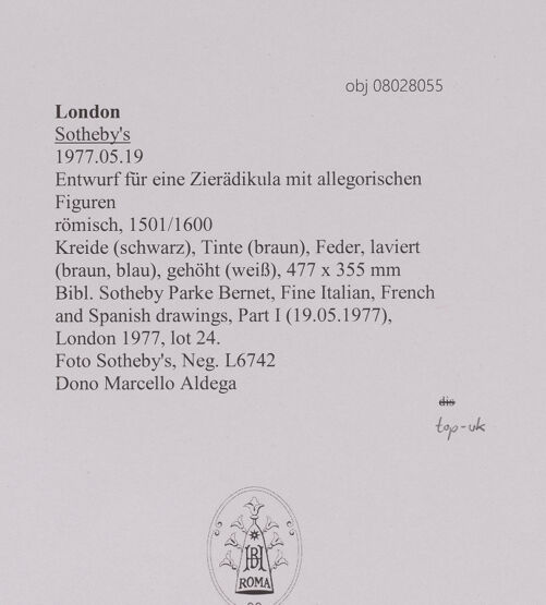 Rückseite von Sotheby's [https://www.deutsche-digitale-bibliothek.de/content/lizenzen/rv-ez/] Entwurf für eine Zierädikula mit allegorischen Figuren - , bh607020_recto. Foto.