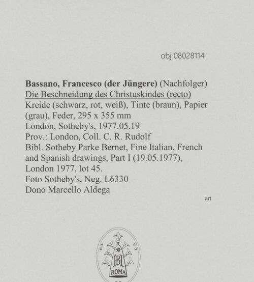 Rückseite von Sotheby's [https://www.deutsche-digitale-bibliothek.de/content/lizenzen/rv-ez/] Die Beschneidung des Christuskindes (recto) - , bh607079_recto. Foto.