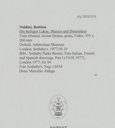 Rückseite von Sotheby's [https://www.deutsche-digitale-bibliothek.de/content/lizenzen/rv-ez/] Die heiligen Lukas, Blasius und Dominikus - , bh607087_recto. Foto.