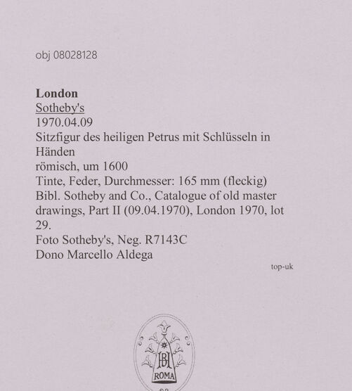 Rückseite von Sotheby's [https://www.deutsche-digitale-bibliothek.de/content/lizenzen/rv-ez/] Sitzfigur des heiligen Petrus mit Schlüsseln in Händen - , bh607092_recto. Foto.