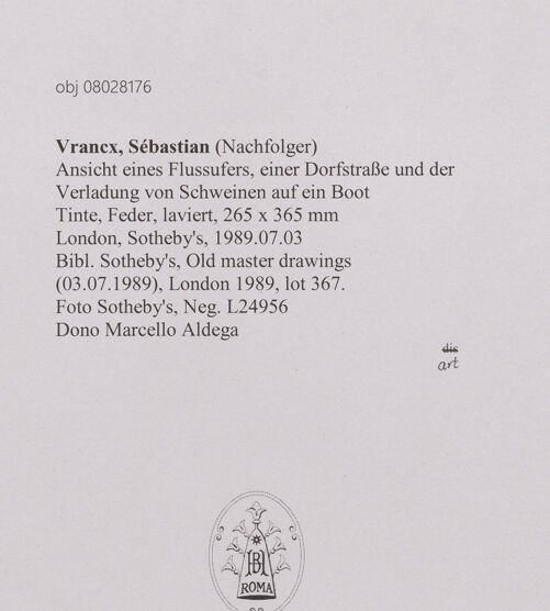 Rückseite von Sotheby's [https://www.deutsche-digitale-bibliothek.de/content/lizenzen/rv-ez/] Ansicht eines Flussufers, einer Dorfstraße und der Verladung von Schweinen auf ein Boot - , bh607101_recto. Foto.