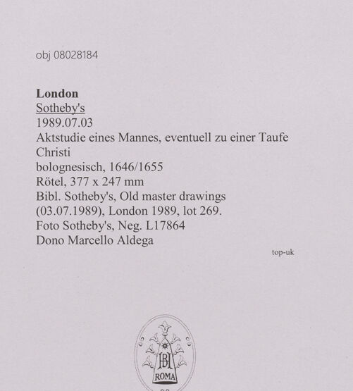 Rückseite von Sotheby's [https://www.deutsche-digitale-bibliothek.de/content/lizenzen/rv-ez/] Aktstudie eines Mannes, eventuell zu einer Taufe Christi - , bh607103_recto. Foto.