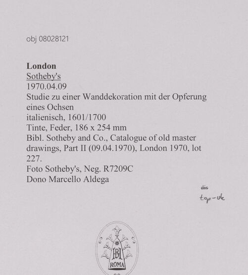 Rückseite von Sotheby's [https://www.deutsche-digitale-bibliothek.de/content/lizenzen/rv-ez/] Studie zu einer Wanddekoration mit der Opferung eines Ochsen - , bh607119_recto. Foto.