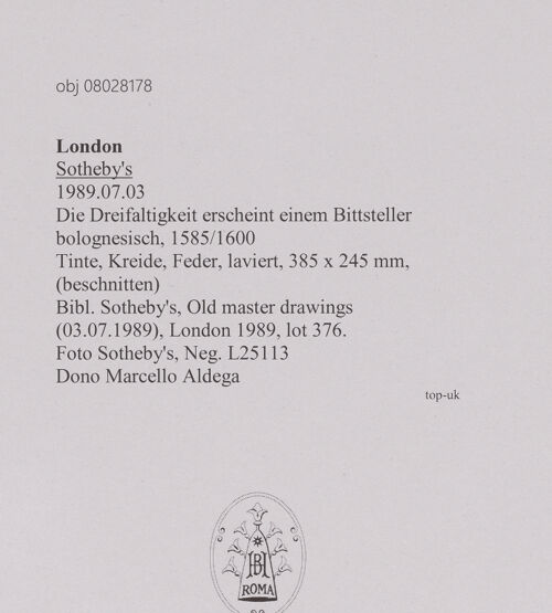 Rückseite von Sotheby's [https://www.deutsche-digitale-bibliothek.de/content/lizenzen/rv-ez/] Die Dreifaltigkeit erscheint einem Bittsteller - , bh607133_recto. Foto.