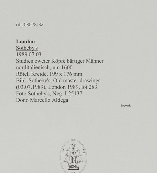 Rückseite von Sotheby's [https://www.deutsche-digitale-bibliothek.de/content/lizenzen/rv-ez/] Studien zweier Köpfe bärtiger Männer - , bh607140_recto. Foto.