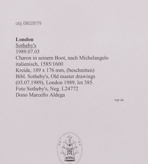 Rückseite von Sotheby's [https://www.deutsche-digitale-bibliothek.de/content/lizenzen/rv-ez/] Charon in seinem Boot, nach Michelangelo - , bh607147_recto. Foto.