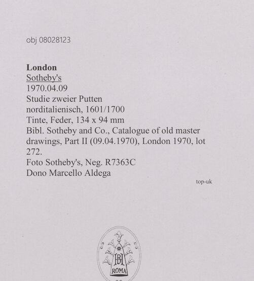 Rückseite von Sotheby's [https://www.deutsche-digitale-bibliothek.de/content/lizenzen/rv-ez/] Studie zweier Putten - , bh607151_recto. Foto.