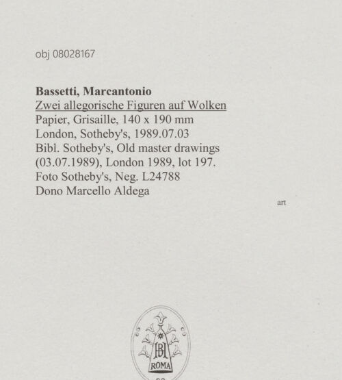 Rückseite von Sotheby's [https://www.deutsche-digitale-bibliothek.de/content/lizenzen/rv-ez/] Zwei allegorische Figuren auf Wolken - , bh607152_recto. Foto.