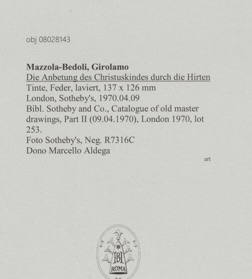 Rückseite von Sotheby's [https://www.deutsche-digitale-bibliothek.de/content/lizenzen/rv-ez/] Die Anbetung des Christuskindes durch die Hirten - , bh607155_recto. Foto.