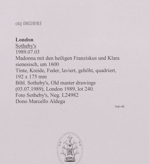 Rückseite von Sotheby's [https://www.deutsche-digitale-bibliothek.de/content/lizenzen/rv-ez/] Madonna mit den heiligen Franziskus und Klara - , bh607159_recto. Foto.