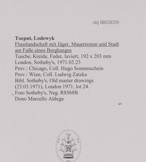 Rückseite von Sotheby's [https://www.deutsche-digitale-bibliothek.de/content/lizenzen/rv-ez/] Flußlandschaft mit Jäger, Mauerresten und Stadt am Fuße eines Berghanges - , bh607162_recto. Foto.