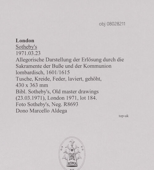 Rückseite von Sotheby's [https://www.deutsche-digitale-bibliothek.de/content/lizenzen/rv-ez/] Allegorische Darstellung der Erlösung durch die Sakramente der Buße und der Kommunion - , bh607172_recto. Foto.