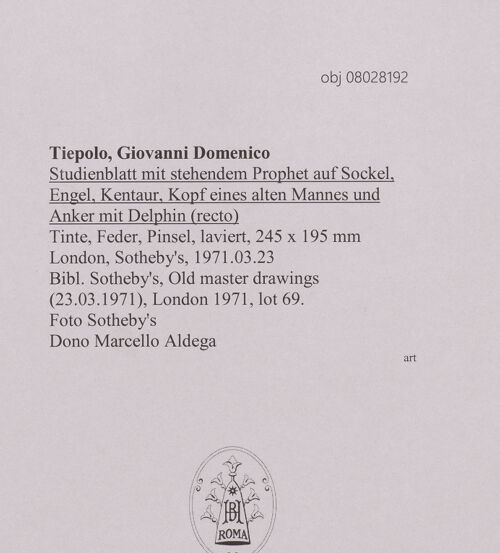 Rückseite von Sotheby's [https://www.deutsche-digitale-bibliothek.de/content/lizenzen/rv-ez/] Studienblatt mit stehendem Prophet auf Sockel, Engel, Kentaur, Kopf eines alten Mannes und Anker mit Delphin (recto) - , bh607182_recto. Foto.