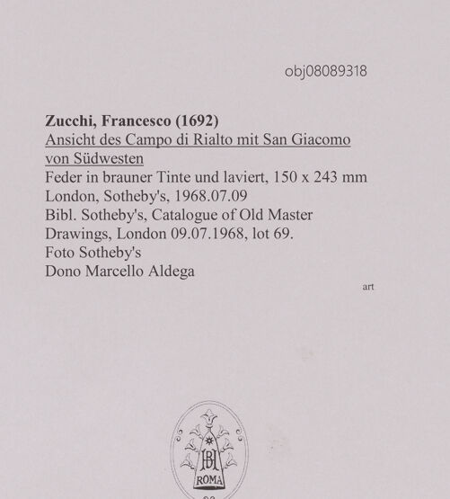 Rückseite von Sotheby's [https://www.deutsche-digitale-bibliothek.de/content/lizenzen/rv-ez/] Ansicht des Campo di Rialto mit San Giacomo von Südwesten - , bh607199_recto. Foto.