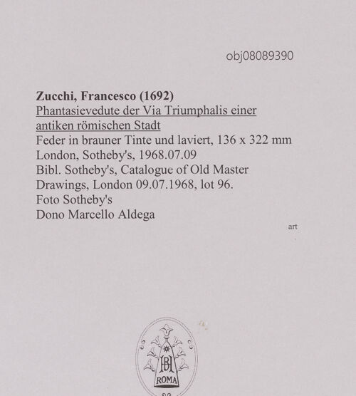 Rückseite von Sotheby's [https://www.deutsche-digitale-bibliothek.de/content/lizenzen/rv-ez/] Phantasievedute der Via Triumphalis einer antiken römischen Stadt - , bh607201_recto. Foto.