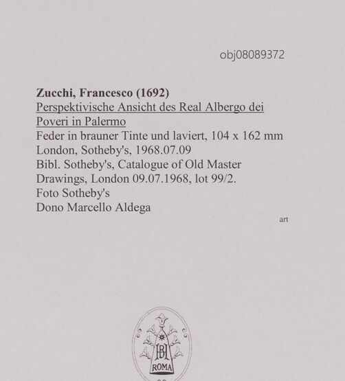 Rückseite von Sotheby's [https://www.deutsche-digitale-bibliothek.de/content/lizenzen/rv-ez/] Perspektivische Ansicht des Real Albergo dei Poveri in Palermo - , bh607207_recto. Foto.