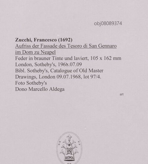 Rückseite von Sotheby's [https://www.deutsche-digitale-bibliothek.de/content/lizenzen/rv-ez/] Aufriss der Fassade des Tesoro di San Gennaro im Dom zu Neapel - , bh607210_recto. Foto.