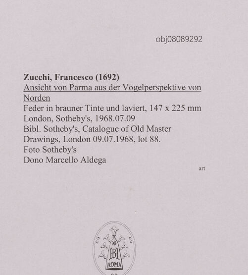 Rückseite von Sotheby's [https://www.deutsche-digitale-bibliothek.de/content/lizenzen/rv-ez/] Ansicht von Parma aus der Vogelperspektive von Norden - , bh607227_recto. Foto.