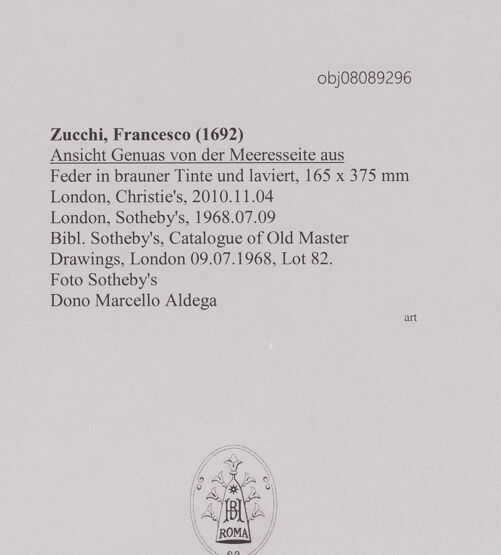 Rückseite von Sotheby's [https://www.deutsche-digitale-bibliothek.de/content/lizenzen/rv-ez/] Ansicht Genuas von der Meeresseite aus - , bh607232_recto. Foto.