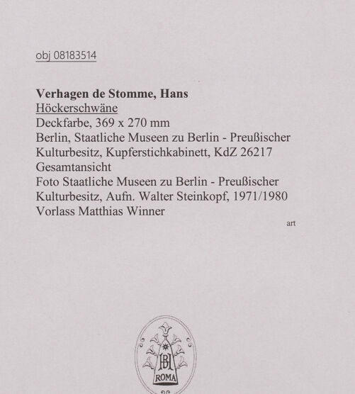 Rückseite von Staatliche Museen zu Berlin - Preußischer Kulturbesitz [https://www.deutsche-digitale-bibliothek.de/content/lizenzen/rv-ez/] Höckerschwäne - Gesamtansicht, bh607261_recto. Foto: Steinkopf, Walter.