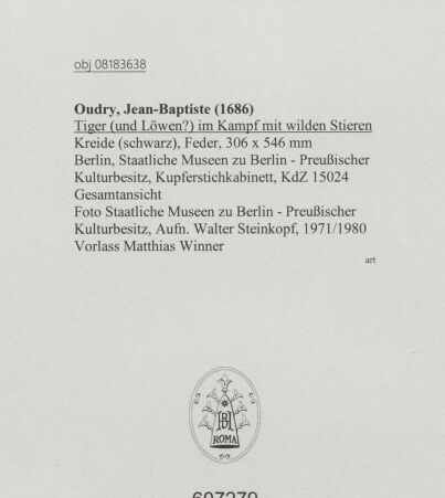 Rückseite von Staatliche Museen zu Berlin - Preußischer Kulturbesitz [https://www.deutsche-digitale-bibliothek.de/content/lizenzen/rv-ez/] Tiger (und Löwen?) im Kampf mit wilden Stieren - Gesamtansicht, bh607279_recto. Foto: Steinkopf, Walter.