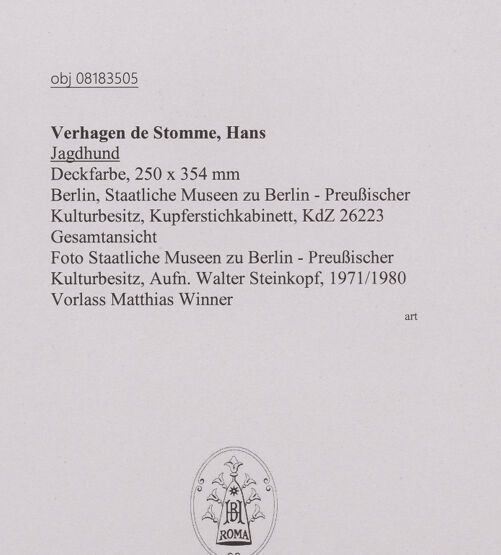 Rückseite von Staatliche Museen zu Berlin - Preußischer Kulturbesitz [https://www.deutsche-digitale-bibliothek.de/content/lizenzen/rv-ez/] Jagdhund (Wasserhund) - Gesamtansicht, bh607281_recto. Foto: Steinkopf, Walter.