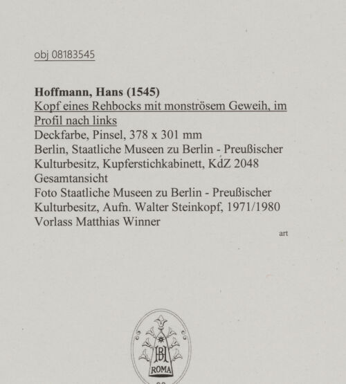Rückseite von Staatliche Museen zu Berlin - Preußischer Kulturbesitz [https://www.deutsche-digitale-bibliothek.de/content/lizenzen/rv-ez/] Kopf eines Rehbocks mit monströsem Geweih, im Profil nach links - Gesamtansicht, bh607285_recto. Foto: Steinkopf, Walter.