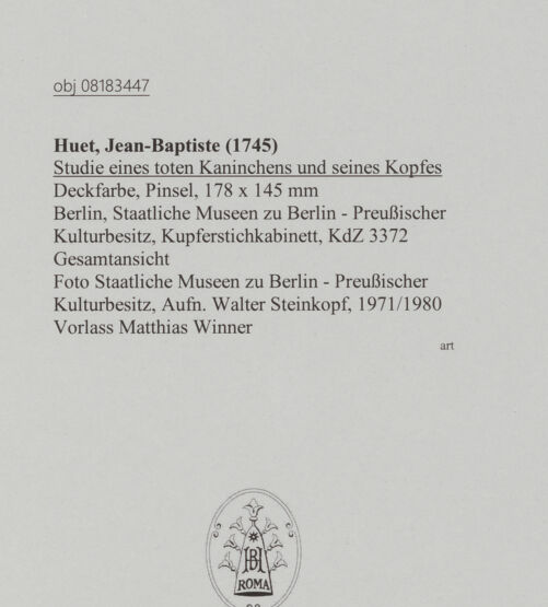 Rückseite von Staatliche Museen zu Berlin - Preußischer Kulturbesitz [https://www.deutsche-digitale-bibliothek.de/content/lizenzen/rv-ez/] Studie eines toten Kaninchens und seines Kopfes - Gesamtansicht, bh607295_recto. Foto: Steinkopf, Walter.