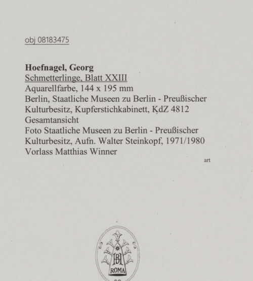 Rückseite von Staatliche Museen zu Berlin - Preußischer Kulturbesitz [https://www.deutsche-digitale-bibliothek.de/content/lizenzen/rv-ez/] Schmetterlinge, Blatt XXIII - Gesamtansicht, bh607300_recto. Foto: Steinkopf, Walter.