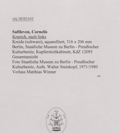 Rückseite von Staatliche Museen zu Berlin - Preußischer Kulturbesitz [https://www.deutsche-digitale-bibliothek.de/content/lizenzen/rv-ez/] Kranich, nach links - Gesamtansicht, bh607306_recto. Foto: Steinkopf, Walter.