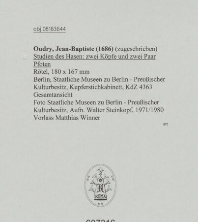 Rückseite von Staatliche Museen zu Berlin - Preußischer Kulturbesitz [https://www.deutsche-digitale-bibliothek.de/content/lizenzen/rv-ez/] Studien des Hasen: zwei Köpfe und zwei Paar Pfoten - Gesamtansicht, bh607316_recto. Foto: Steinkopf, Walter.