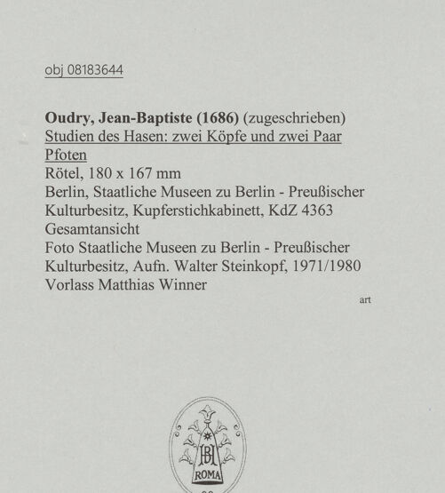 Rückseite von Staatliche Museen zu Berlin - Preußischer Kulturbesitz [https://www.deutsche-digitale-bibliothek.de/content/lizenzen/rv-ez/] Studien des Hasen: zwei Köpfe und zwei Paar Pfoten - Gesamtansicht, bh607316_recto. Foto: Steinkopf, Walter.