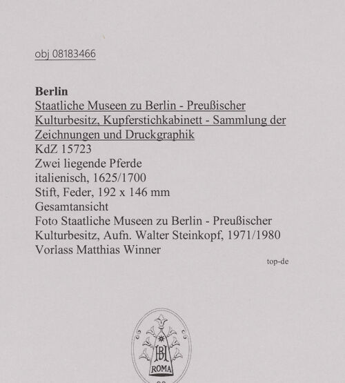 Rückseite von Staatliche Museen zu Berlin - Preußischer Kulturbesitz [https://www.deutsche-digitale-bibliothek.de/content/lizenzen/rv-ez/] Zwei liegende Pferde - Gesamtansicht, bh607317_recto. Foto: Steinkopf, Walter.