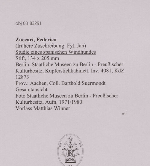 Rückseite von Staatliche Museen zu Berlin - Preußischer Kulturbesitz [https://www.deutsche-digitale-bibliothek.de/content/lizenzen/rv-ez/] Studie eines spanischen Windhundes - Gesamtansicht, bh607319_recto. Foto.