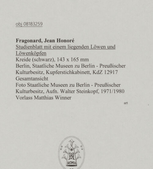 Rückseite von Staatliche Museen zu Berlin - Preußischer Kulturbesitz [https://www.deutsche-digitale-bibliothek.de/content/lizenzen/rv-ez/] Studienblatt mit einem liegenden Löwen und Löwenköpfen - Gesamtansicht, bh607328_recto. Foto: Steinkopf, Walter.