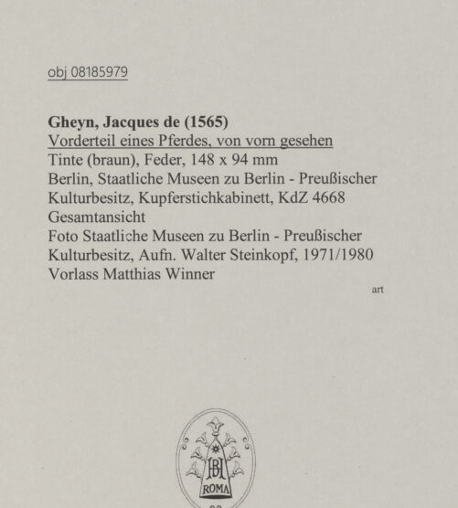 Rückseite von Staatliche Museen zu Berlin - Preußischer Kulturbesitz [https://www.deutsche-digitale-bibliothek.de/content/lizenzen/rv-ez/] Vorderteil eines Pferdes, von vorn gesehen - Gesamtansicht, bh607330_recto. Foto: Steinkopf, Walter.