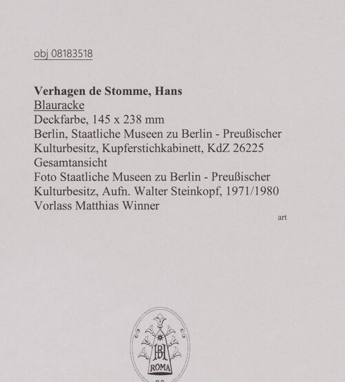 Rückseite von Staatliche Museen zu Berlin - Preußischer Kulturbesitz [https://www.deutsche-digitale-bibliothek.de/content/lizenzen/rv-ez/] Blauracke - Gesamtansicht, bh607331_recto. Foto: Steinkopf, Walter.