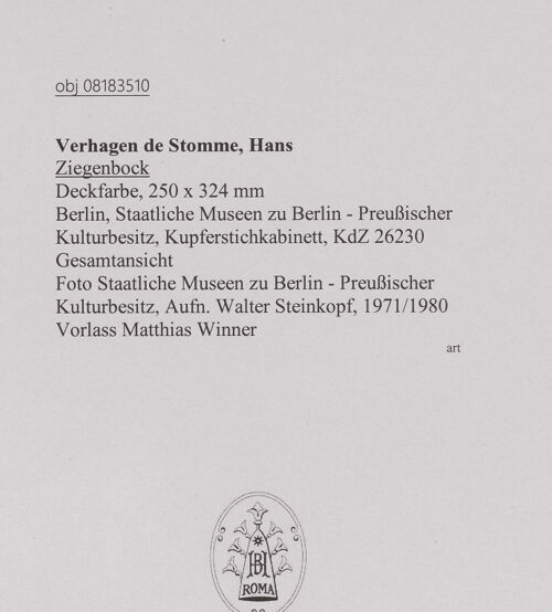 Rückseite von Staatliche Museen zu Berlin - Preußischer Kulturbesitz [https://www.deutsche-digitale-bibliothek.de/content/lizenzen/rv-ez/] Ziege - Gesamtansicht, bh607341_recto. Foto: Steinkopf, Walter.