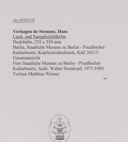 Rückseite von Staatliche Museen zu Berlin - Preußischer Kulturbesitz [https://www.deutsche-digitale-bibliothek.de/content/lizenzen/rv-ez/] Land- und Sumpfschildkröte - Gesamtansicht, bh607352_recto. Foto: Steinkopf, Walter.