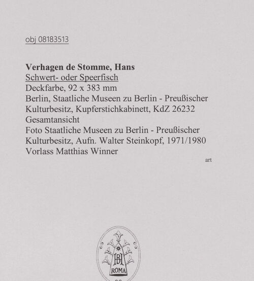 Rückseite von Staatliche Museen zu Berlin - Preußischer Kulturbesitz [https://www.deutsche-digitale-bibliothek.de/content/lizenzen/rv-ez/] Schwert- oder Speerfisch - Gesamtansicht, bh607355_recto. Foto: Steinkopf, Walter.