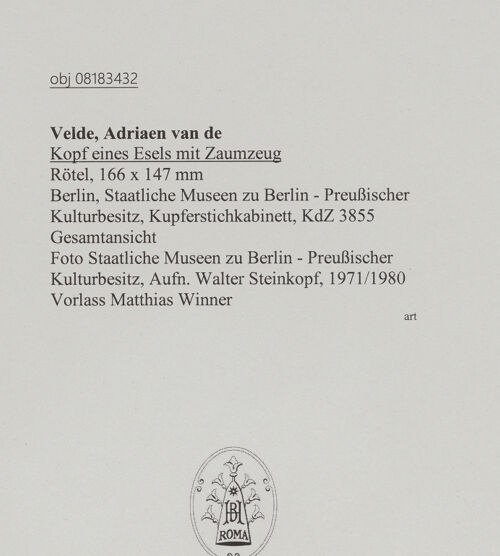 Rückseite von Staatliche Museen zu Berlin - Preußischer Kulturbesitz [https://www.deutsche-digitale-bibliothek.de/content/lizenzen/rv-ez/] Kopf eines Esels mit Zaumzeug - Gesamtansicht, bh607357_recto. Foto: Steinkopf, Walter.