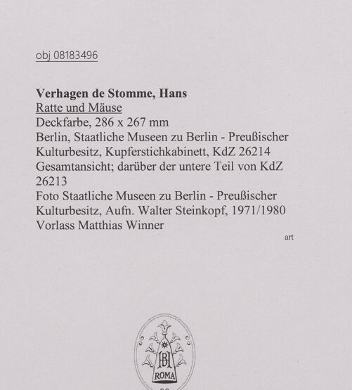 Rückseite von Staatliche Museen zu Berlin - Preußischer Kulturbesitz [https://www.deutsche-digitale-bibliothek.de/content/lizenzen/rv-ez/] Ratte und Mäuse - Gesamtansicht; darüber der untere Teil von KdZ 26213, bh607360_recto. Foto: Steinkopf, Walter.
