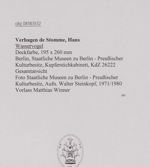 Rückseite von Staatliche Museen zu Berlin - Preußischer Kulturbesitz [https://www.deutsche-digitale-bibliothek.de/content/lizenzen/rv-ez/] Wasservogel - Gesamtansicht, bh607376_recto. Foto: Steinkopf, Walter.
