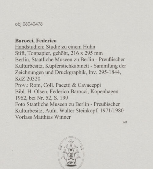 Rückseite von Staatliche Museen zu Berlin - Preußischer Kulturbesitz [https://www.deutsche-digitale-bibliothek.de/content/lizenzen/rv-ez/] Handstudien; Studie zu einem Huhn - Gesamtansicht, bh607403_recto. Foto: Steinkopf, Walter.